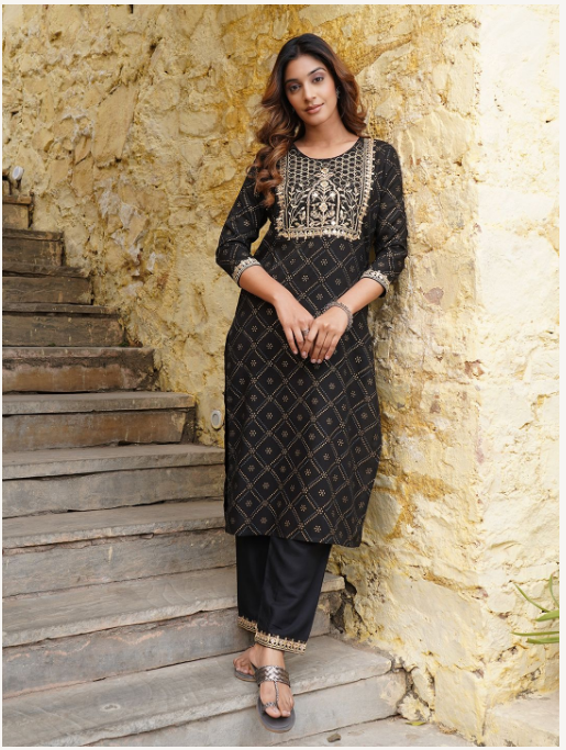 Women's Black Viscose Rayon Kurta Set