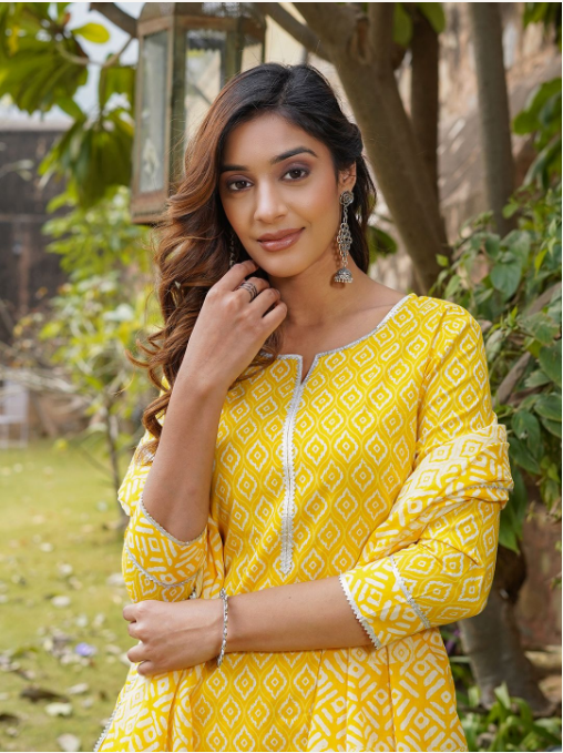 Women's Yellow Cotton Kurta Set