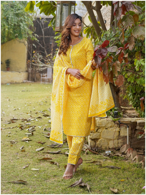 Women's Yellow Cotton Kurta Set
