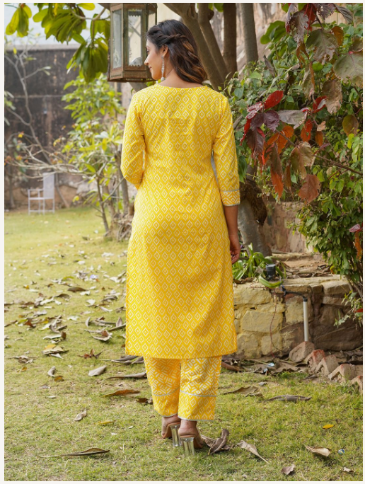 Women's Yellow Cotton Kurta Set