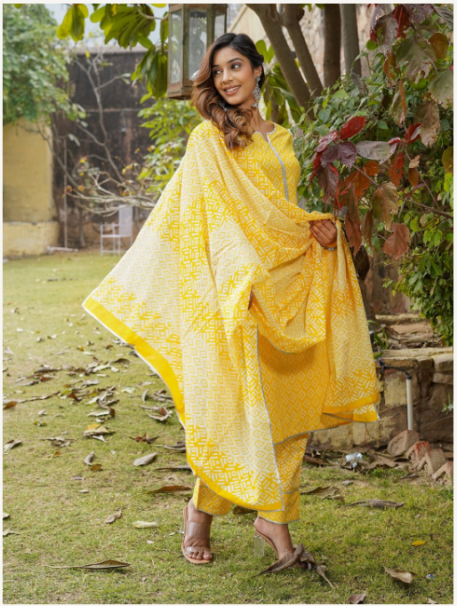 Women's Yellow Cotton Kurta Set