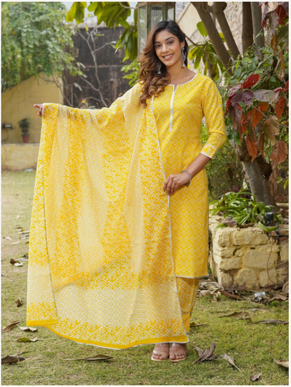 Women's Yellow Cotton Kurta Set