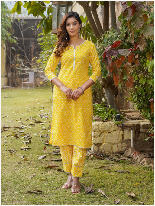 Women's Yellow Cotton Kurta Set
