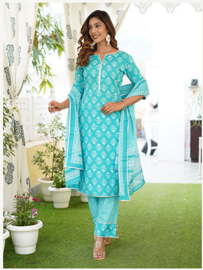 Women's Turquoise Cotton Kurta Set