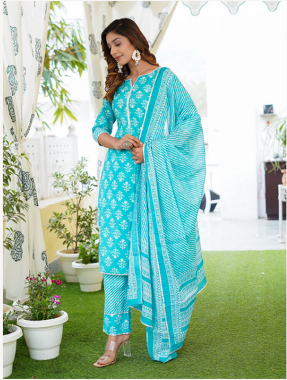 Women's Turquoise Cotton Kurta Set