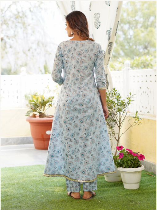 Women's Light Blue Cotton Kurta Set
