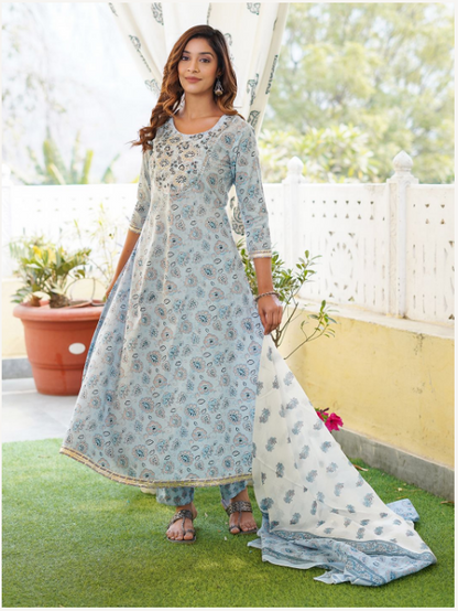 Women's Light Blue Cotton Kurta Set