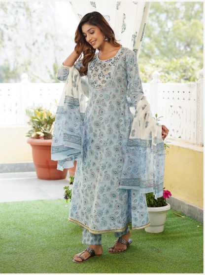 Women's Light Blue Cotton Kurta Set