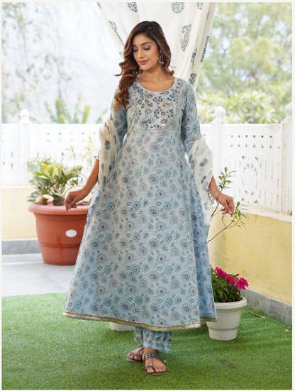 Women's Light Blue Cotton Kurta Set