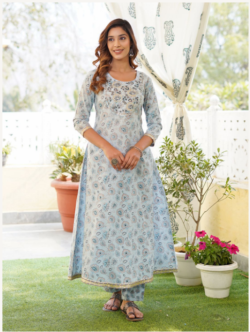Women's Light Blue Cotton Kurta Set