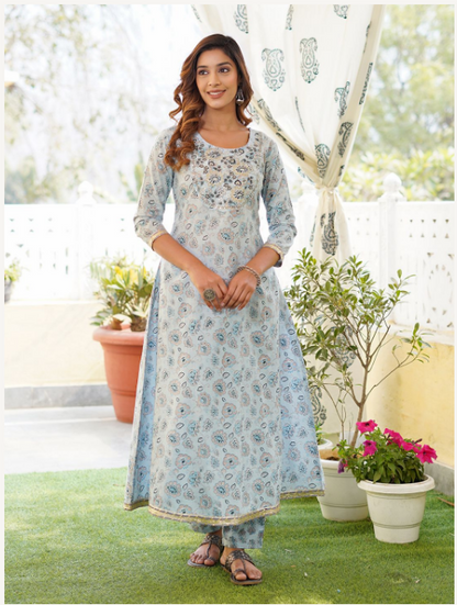 Women's Light Blue Cotton Kurta Set