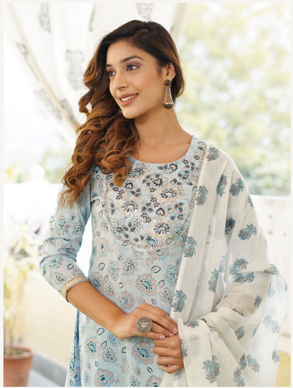 Women's Light Blue Cotton Kurta Set
