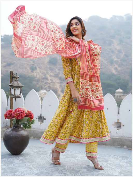 Women's Mustard Cotton Kurta Set
