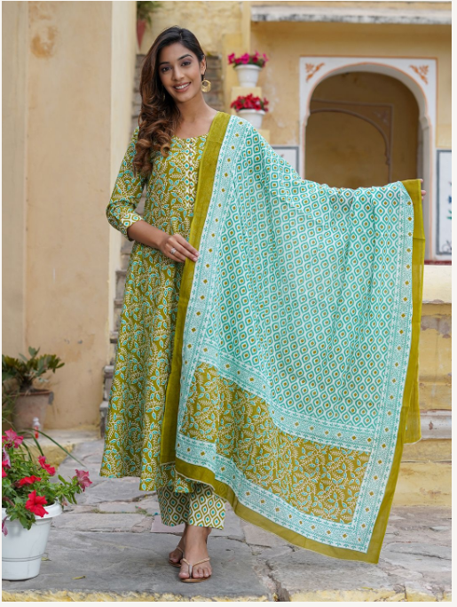 Women's Green Cotton Kurta Set