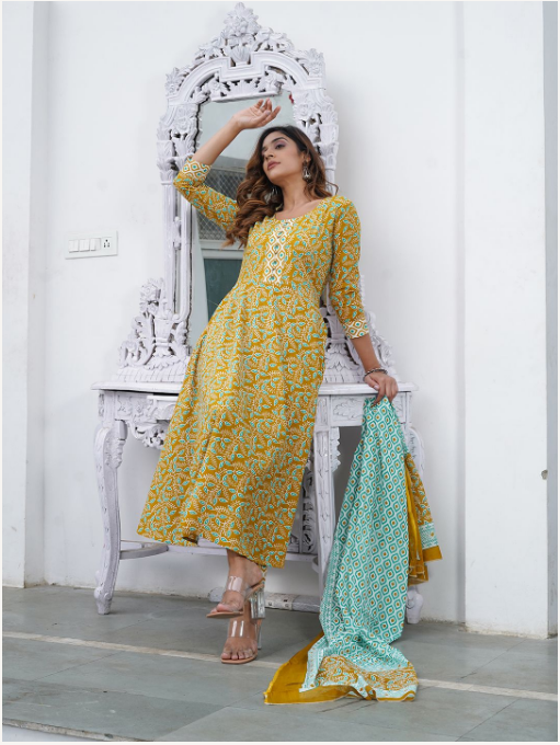 Women's Mustard Cotton Kurta Set