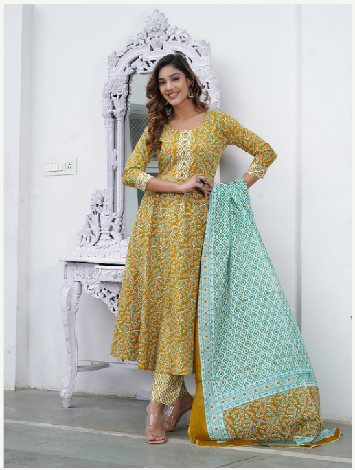Women's Mustard Cotton Kurta Set