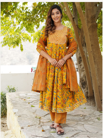 Women's Mustard Cotton Kurta Set