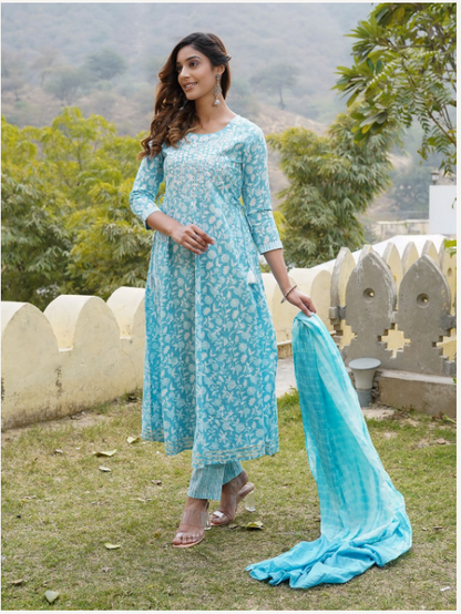Women's Blue Cotton Kurta Set