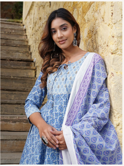 Women's Blue Cotton Kurta Set
