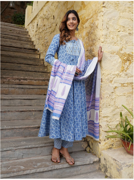Women's Blue Cotton Kurta Set