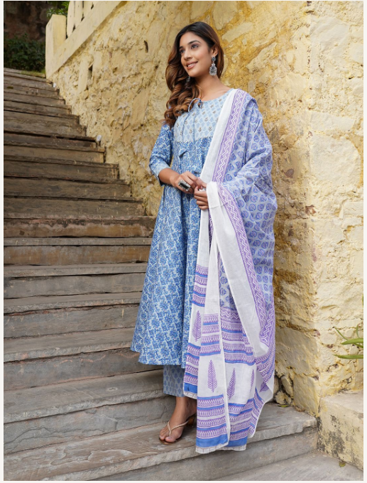 Women's Blue Cotton Kurta Set