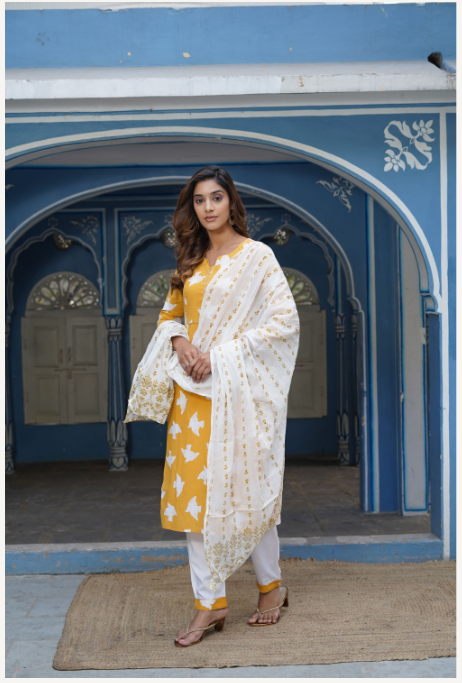 Women's Yellow Cotton Kurta Set