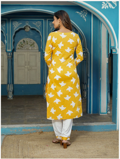 Women's Yellow Cotton Kurta Set