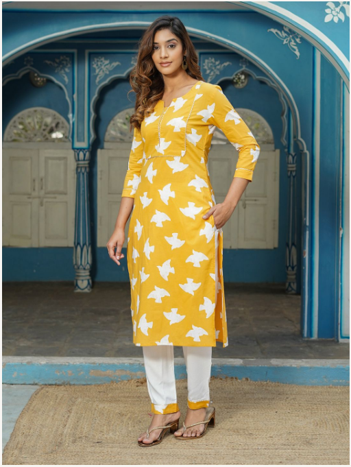 Women's Yellow Cotton Kurta Set