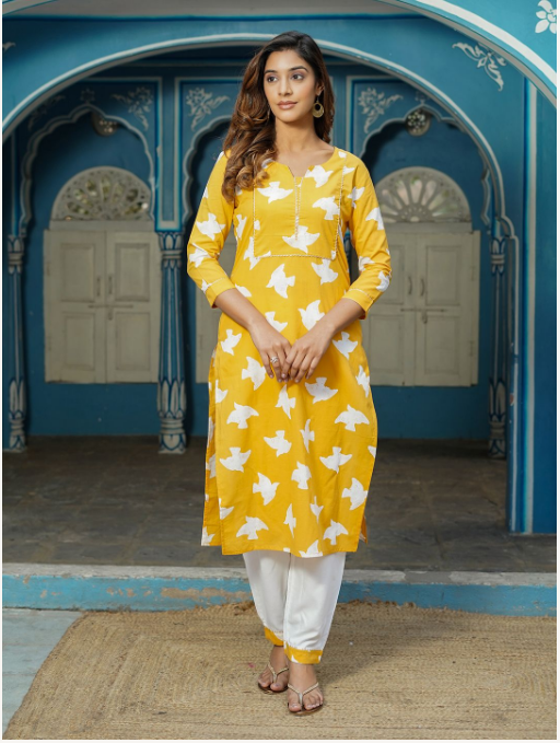 Women's Yellow Cotton Kurta Set