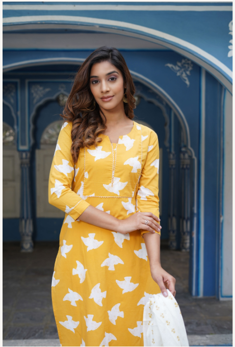 Women's Yellow Cotton Kurta Set