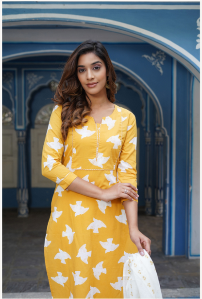 Women's Yellow Cotton Kurta Set
