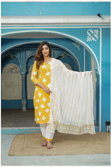 Women's Yellow Cotton Kurta Set