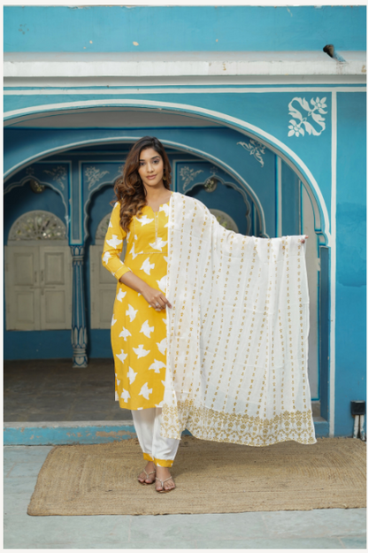 Women's Yellow Cotton Kurta Set