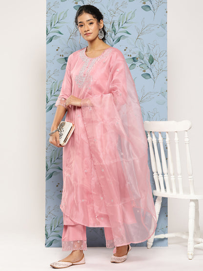 Women's Pink Embroidered Straight Kurta With Palazzo And Net Dupatta