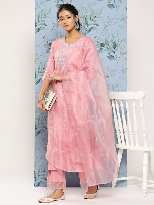 Women's Pink Embroidered Straight Kurta With Palazzo And Net Dupatta