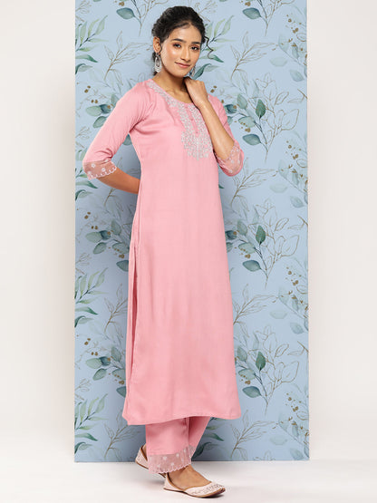 Women's Pink Embroidered Straight Kurta With Palazzo And Net Dupatta