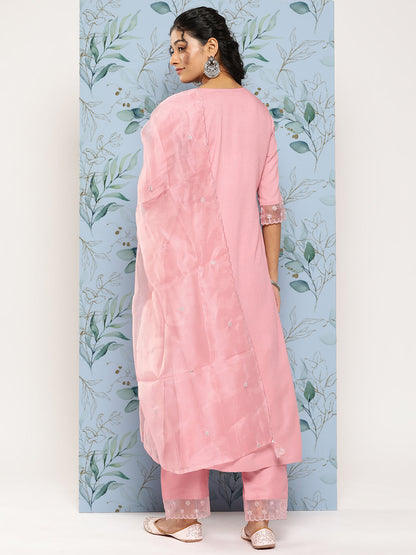 Women's Pink Embroidered Straight Kurta With Palazzo And Net Dupatta