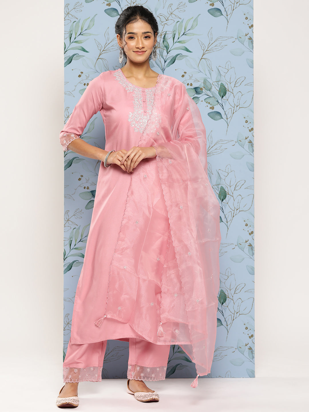 Women's Pink Embroidered Straight Kurta With Palazzo And Net Dupatta
