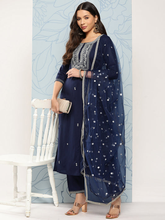 Women's Navy Blue Embroidered Straight Kurta With Palazzo And Dupatta