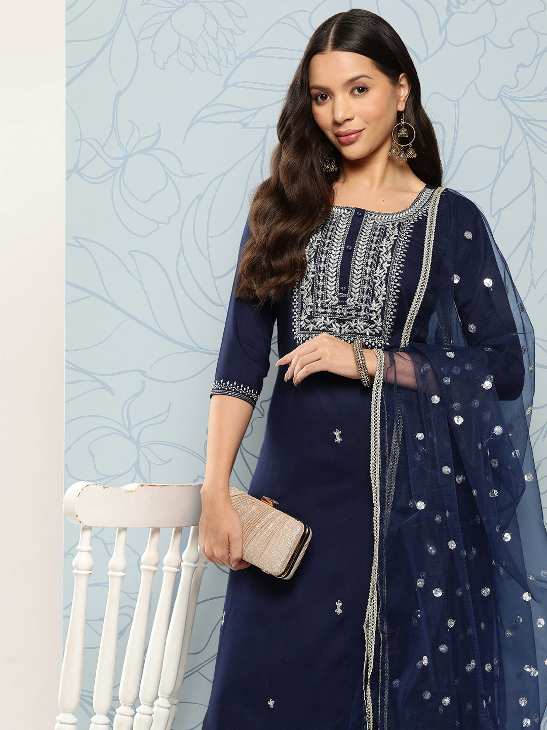Women's Navy Blue Embroidered Straight Kurta With Palazzo And Dupatta