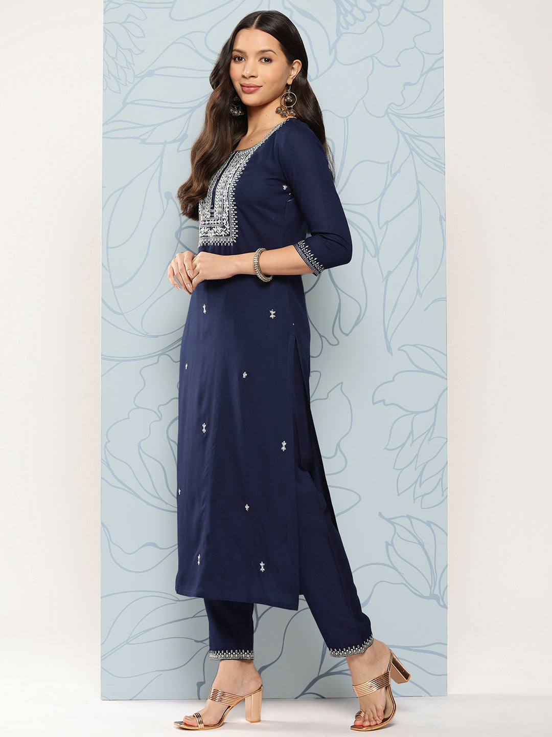Women's Navy Blue Embroidered Straight Kurta With Palazzo And Dupatta