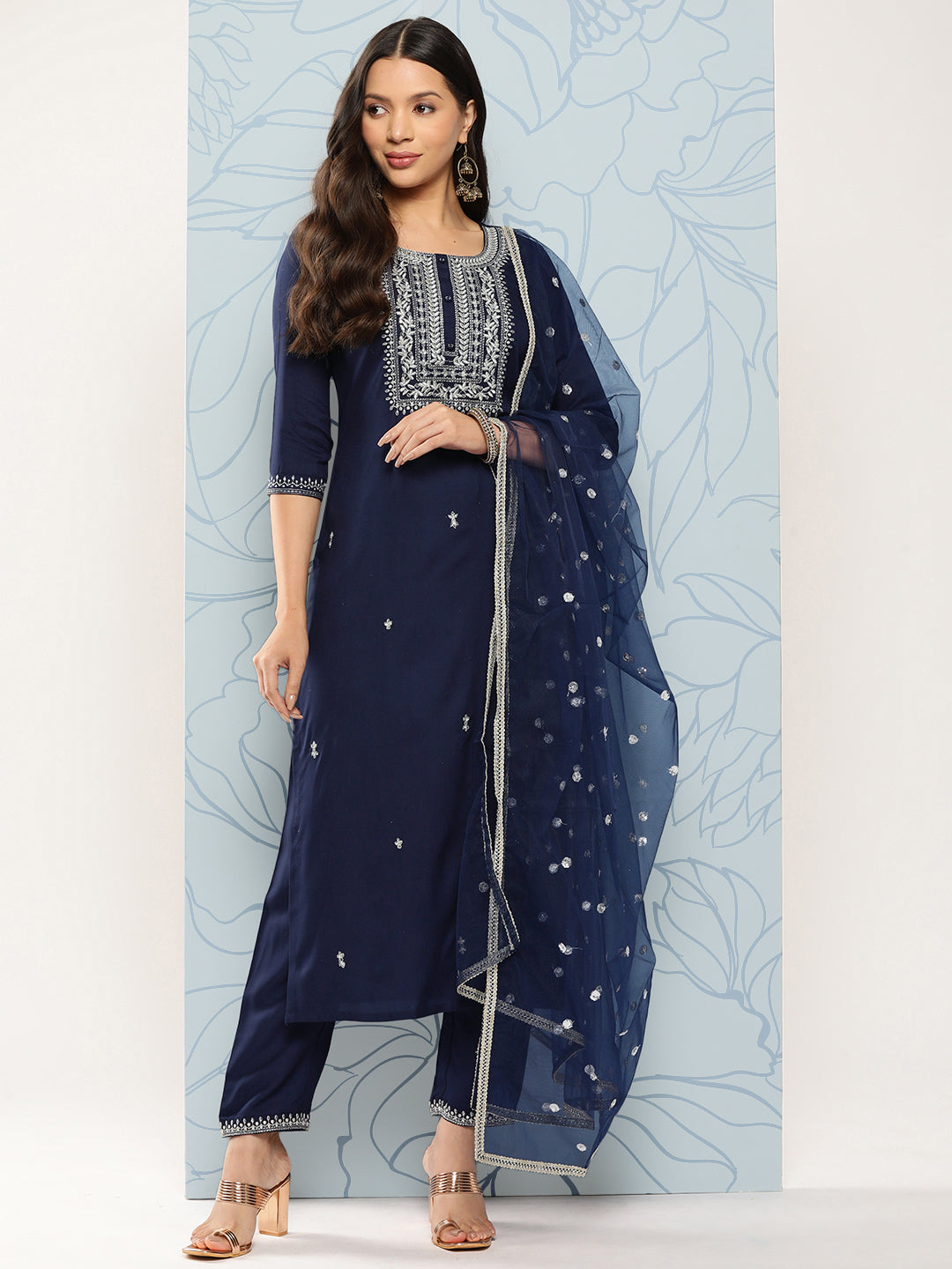 Women's Navy Blue Embroidered Straight Kurta With Palazzo And Dupatta