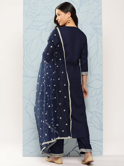 Women's Navy Blue Embroidered Straight Kurta With Palazzo And Dupatta