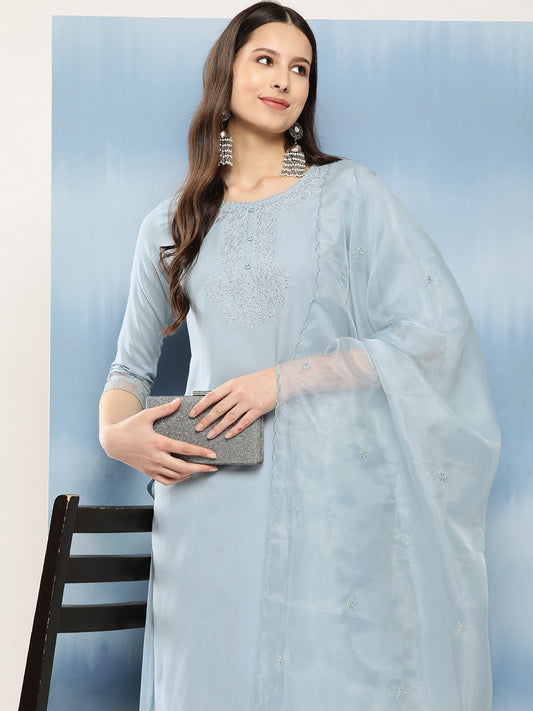 Women's Blue Embroidered Straight Kurta With Palazzo And Net Dupatta