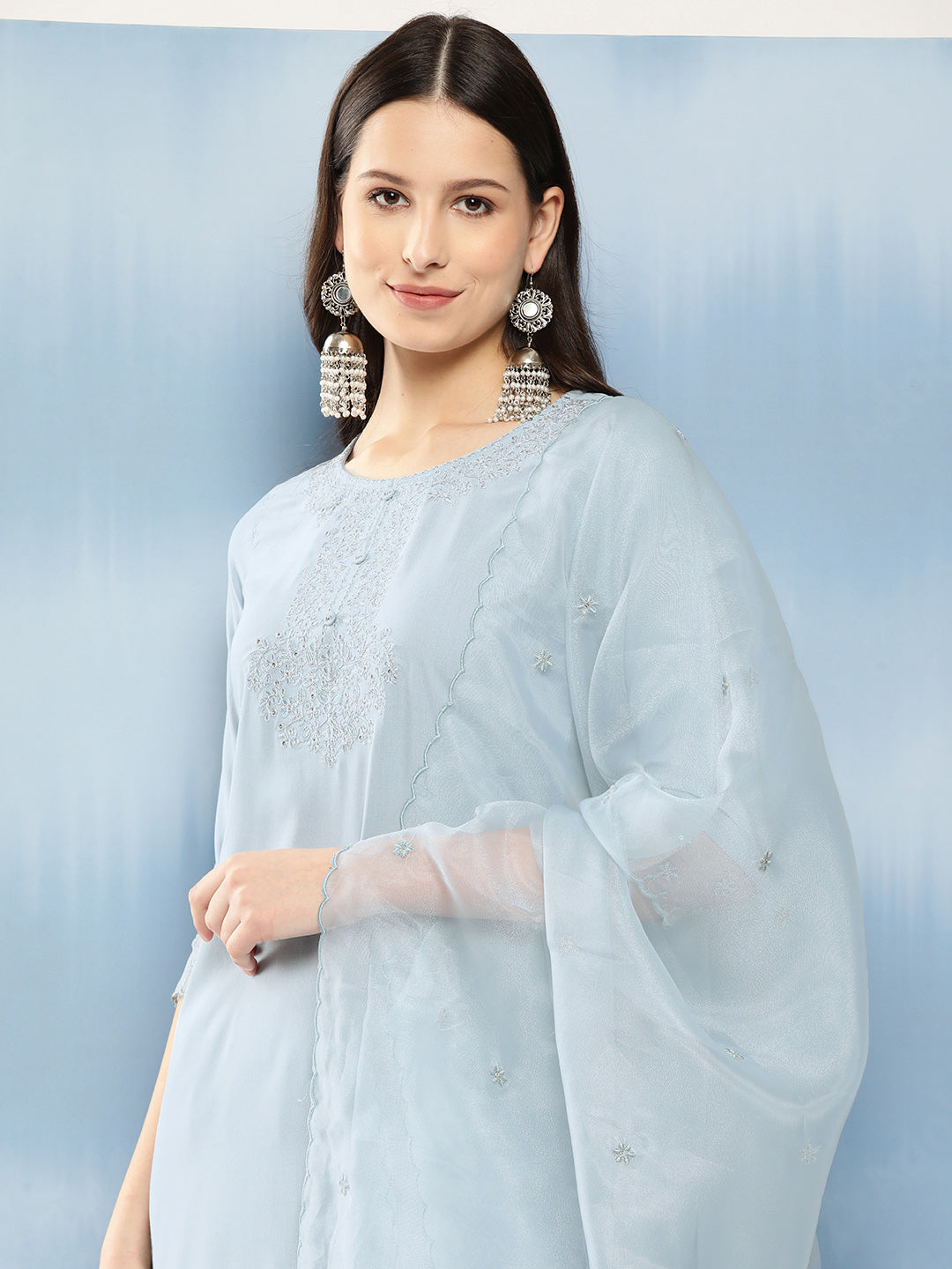 Women's Blue Embroidered Straight Kurta With Palazzo And Net Dupatta