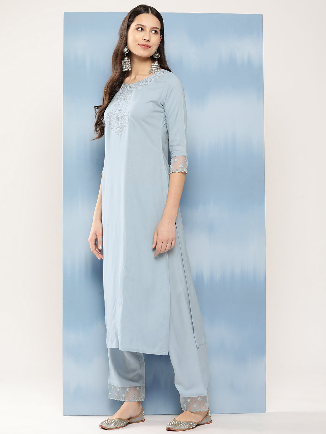 Women's Blue Embroidered Straight Kurta With Palazzo And Net Dupatta