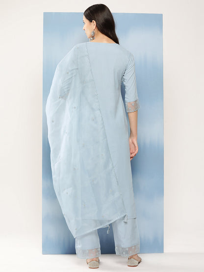 Women's Blue Embroidered Straight Kurta With Palazzo And Net Dupatta