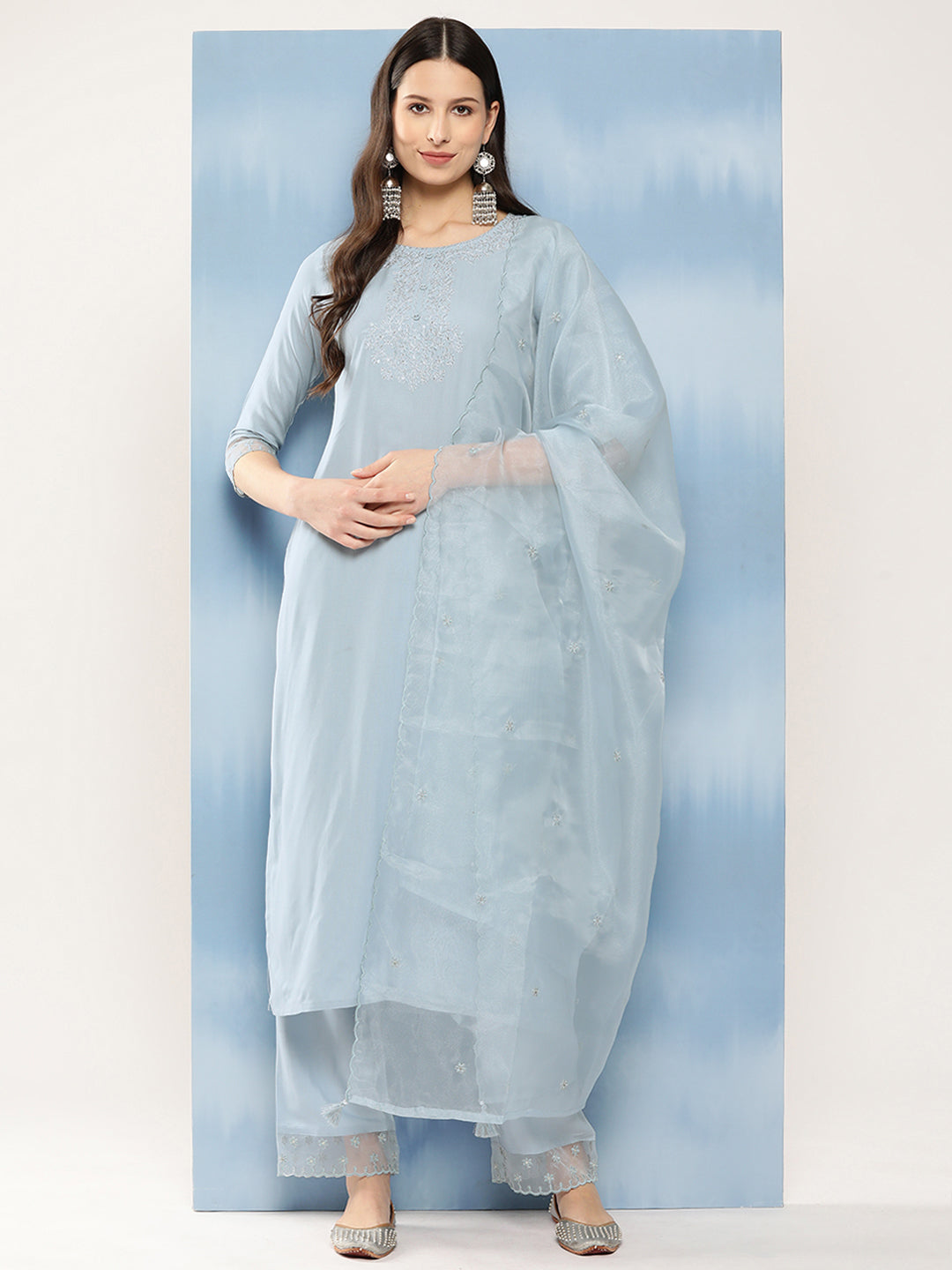 Women's Blue Embroidered Straight Kurta With Palazzo And Net Dupatta
