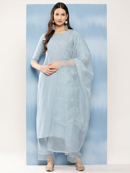 Women's Blue Embroidered Straight Kurta With Palazzo And Net Dupatta
