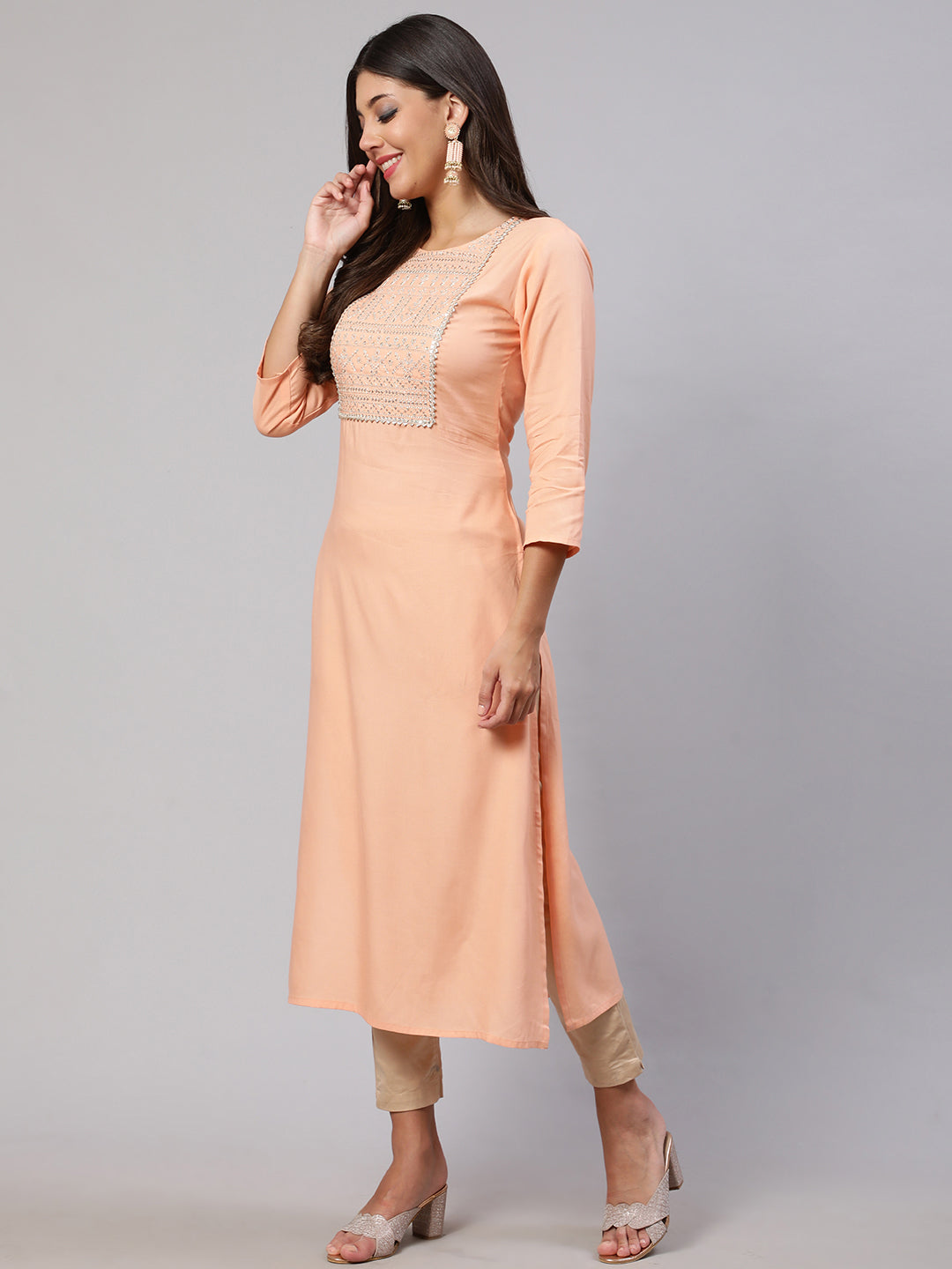 Women's Peach Embroidered Straight Kurta With Three Quarter Sleeves
